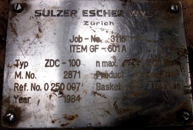 Escher Wyss ZDC-100 solid bowl decanter centrifuge, 316 SS.