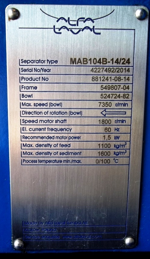 Alfa-Laval MAB 104B-14/24 XP oil purifier skid.