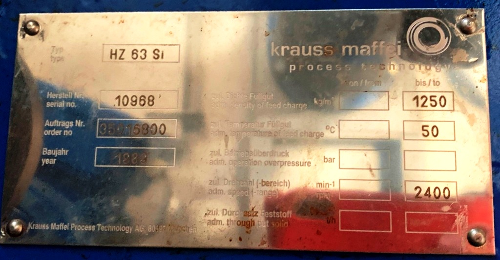 Krauss-Maffei HZ 63 Si peeler centrifuge, 316SS.