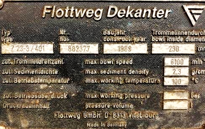 Bird/Flottweg Z23-3/401 decanter centrifuge, 316SS.