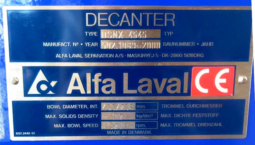 Alfa-Laval DSNX 4545 decanter centrifuge, 316SS.
