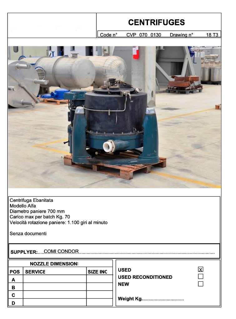 Comi-Condor 700mm perforate basket centrifuge, rubber-lined.