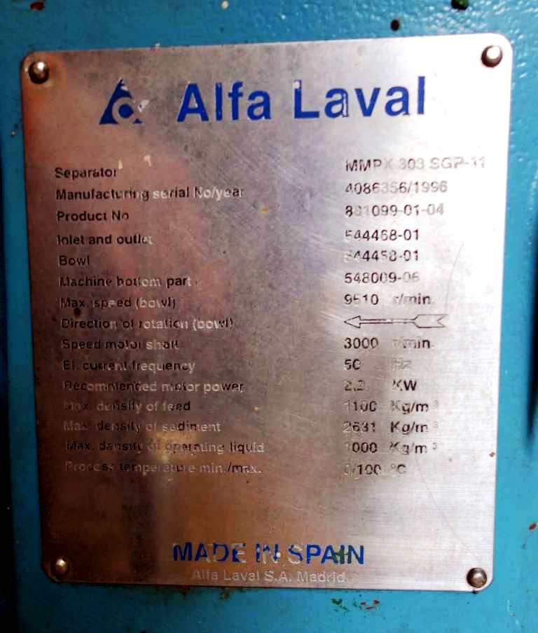 Alfa-Laval MMPX 303 SGP-11-60 oil purifier, 316SS.