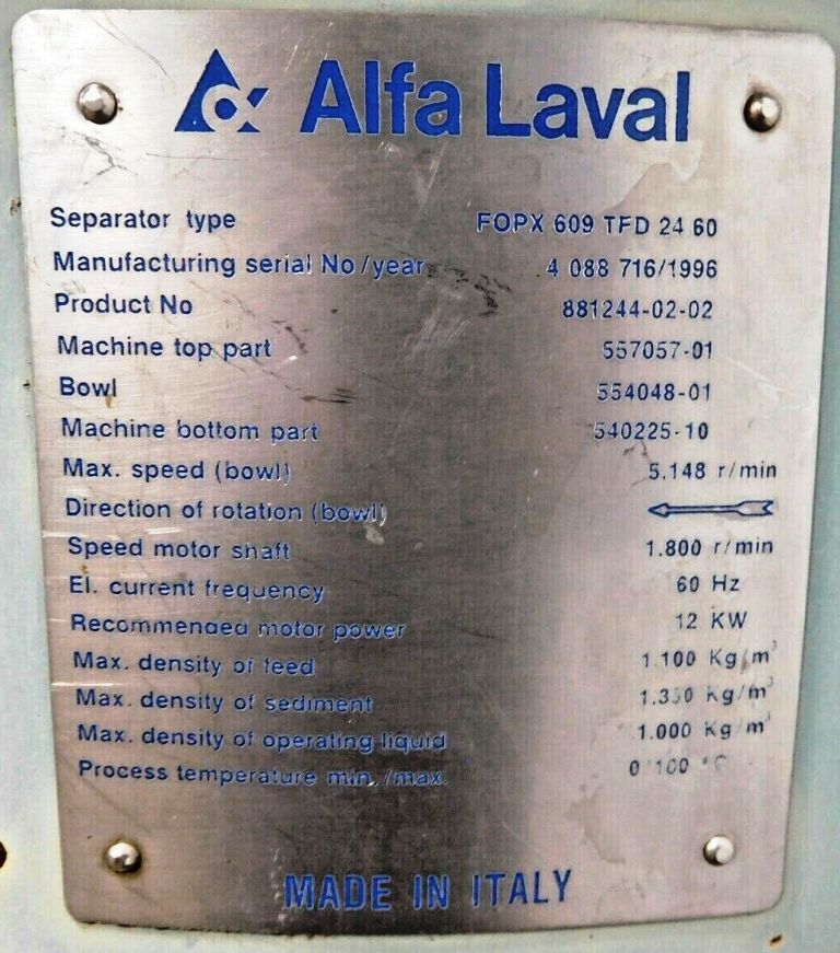 (2) Alfa-Laval FOPX 609 TFD-24-60 oil purifiers, 316SS.