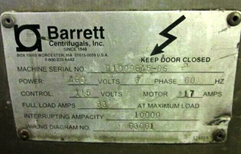 Barrett 1100-DS carrier type high volume parts dryer, SS.