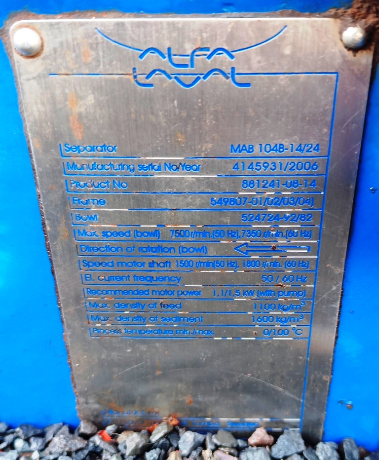 Alfa-Laval MAB 104B-14/24 oil purifier, SS.