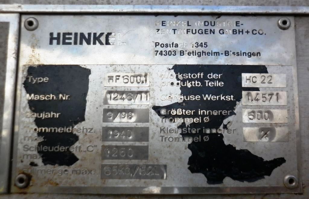 Heinkel HF 600.1 Inverting Filter centrifuge, Hastelloy C22.