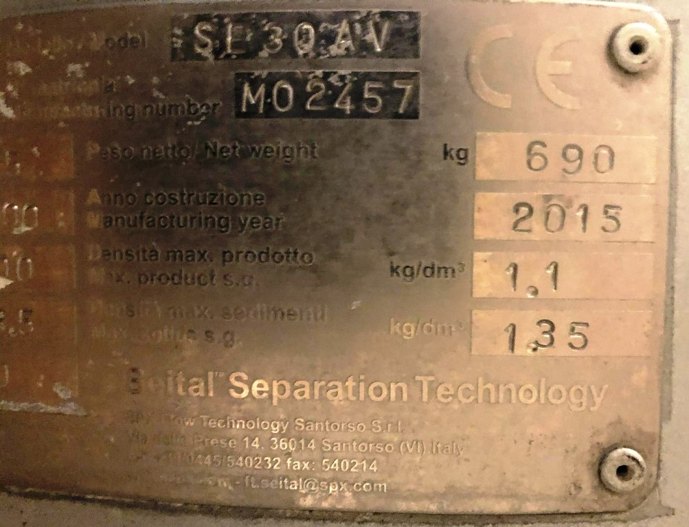 Seital SE 30 AV CIP milk separator, 316SS.