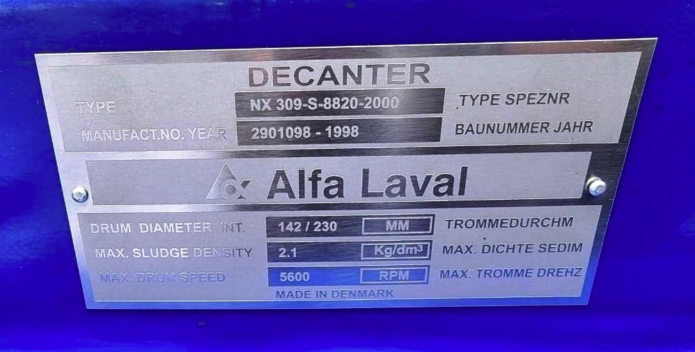 Alfa-Laval NX 309S-31G decanter centrifuge, 316SS.