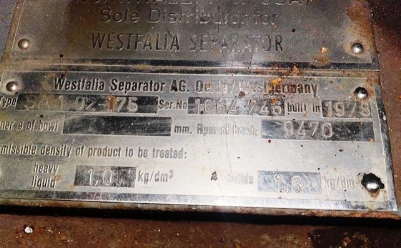 Westfalia SA 1-02-175 separator, 316SS.