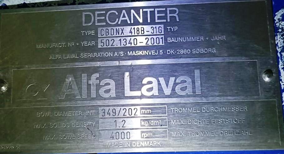 Alfa-Laval CBDNX 418B-31G decanter centrifuge, 316SS.