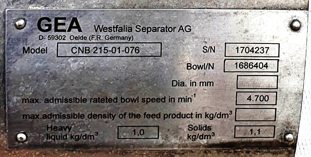 Westfalia CNB 215-01-076 bacteria separator, 316SS.