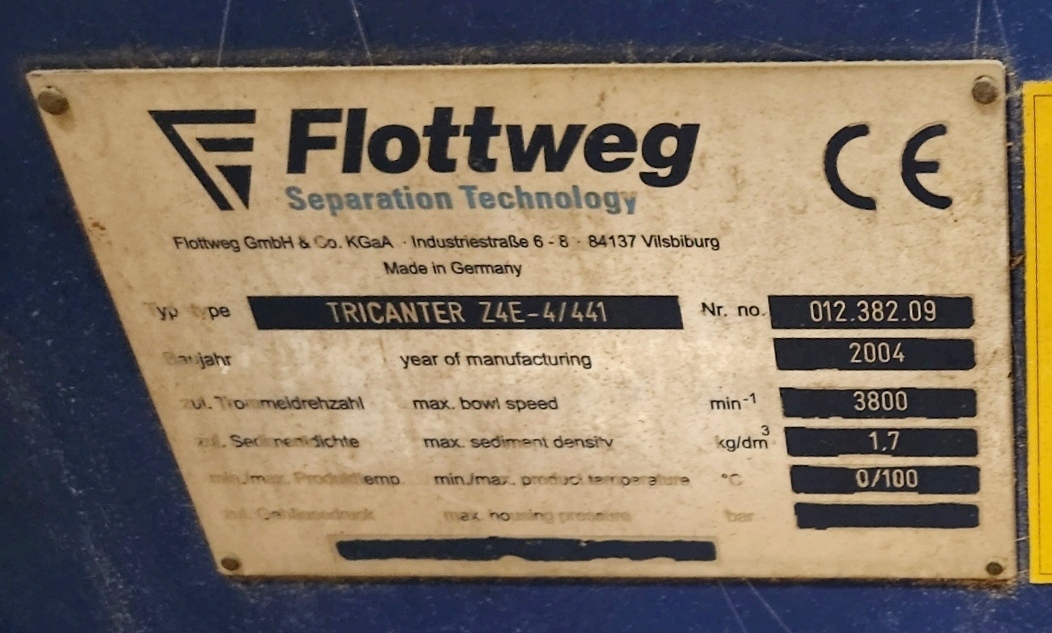 Flottweg Z4E-4/441 tricanter centrifuge, 316SS.