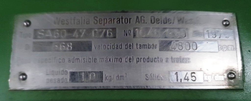 Westfalia SA 60-47-076 hermetic clarifier, 316SS.