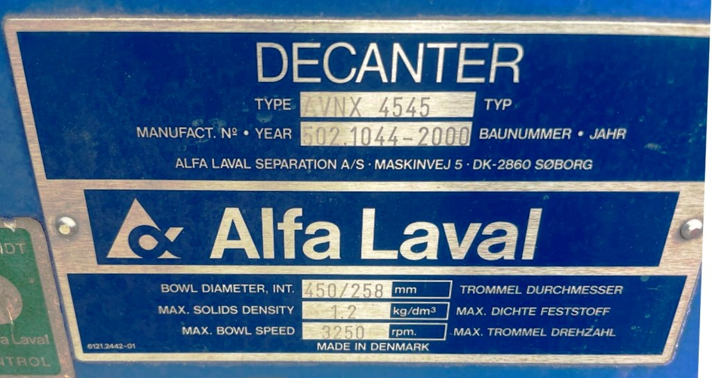 Alfa-Laval AVNX 4545 decanter centrifuge, 316SS.