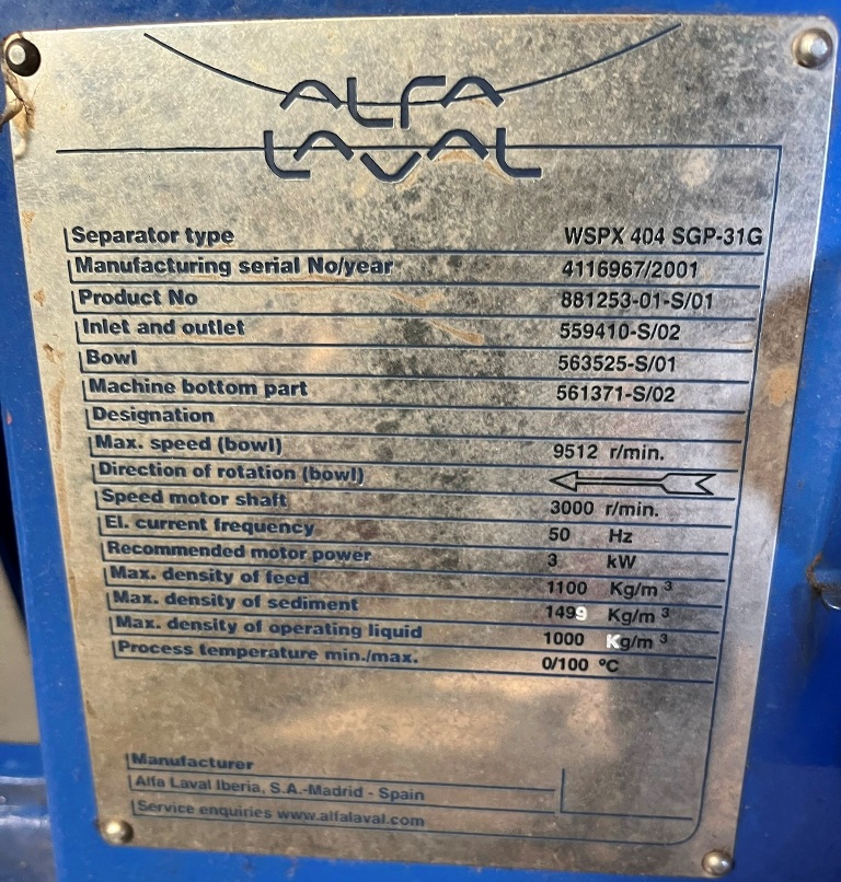 Alfa-Laval WSPX 404 SGP-31G CLARA 20 clarifier skid, 316SS.