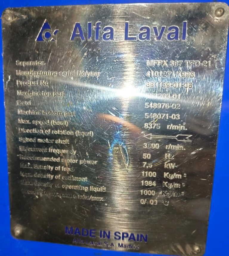 (5) Alfa-Laval MFPX 307 TFD-21 oil purifiers, 316SS.