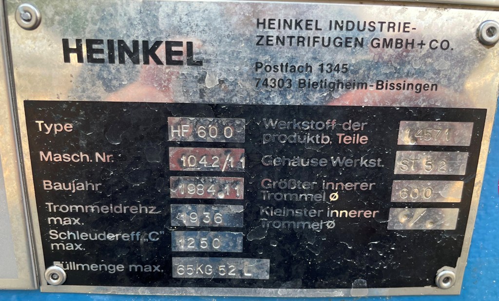 Heinkel HF 600 Inverting Filter centrifuge, 316SS.