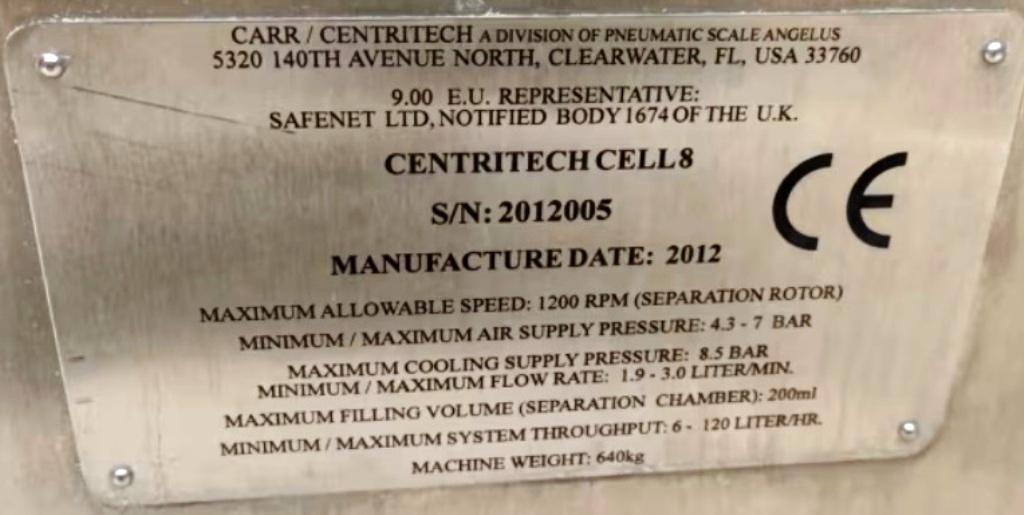 (3) Carr Centritech Cell 8 separation systems, 316L SS.