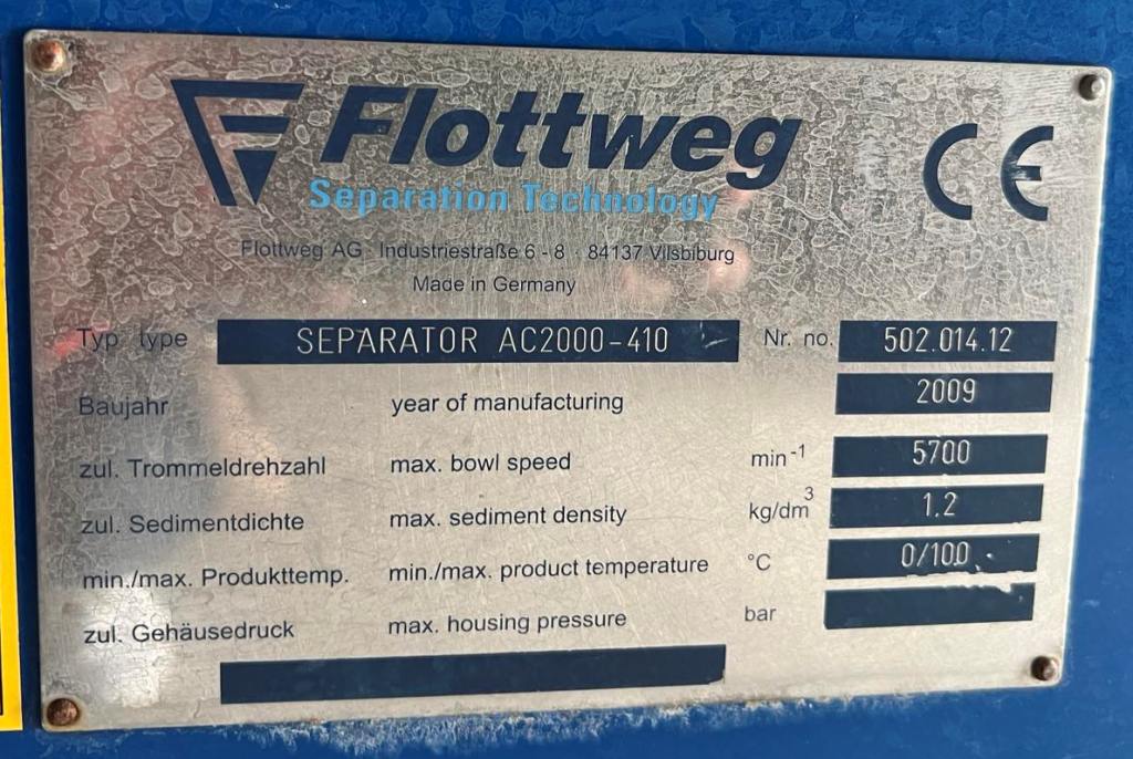 Flottweg AC 2000-410 juice clarifier centrifuge, 316SS.