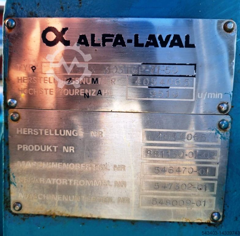Alfa-Laval WSPX 303 TGP-71-50 concentrator skid.