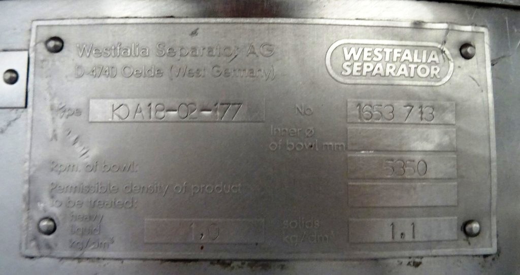 Westfalia KDA 18-02-177 CIP quark separator, 316SS.