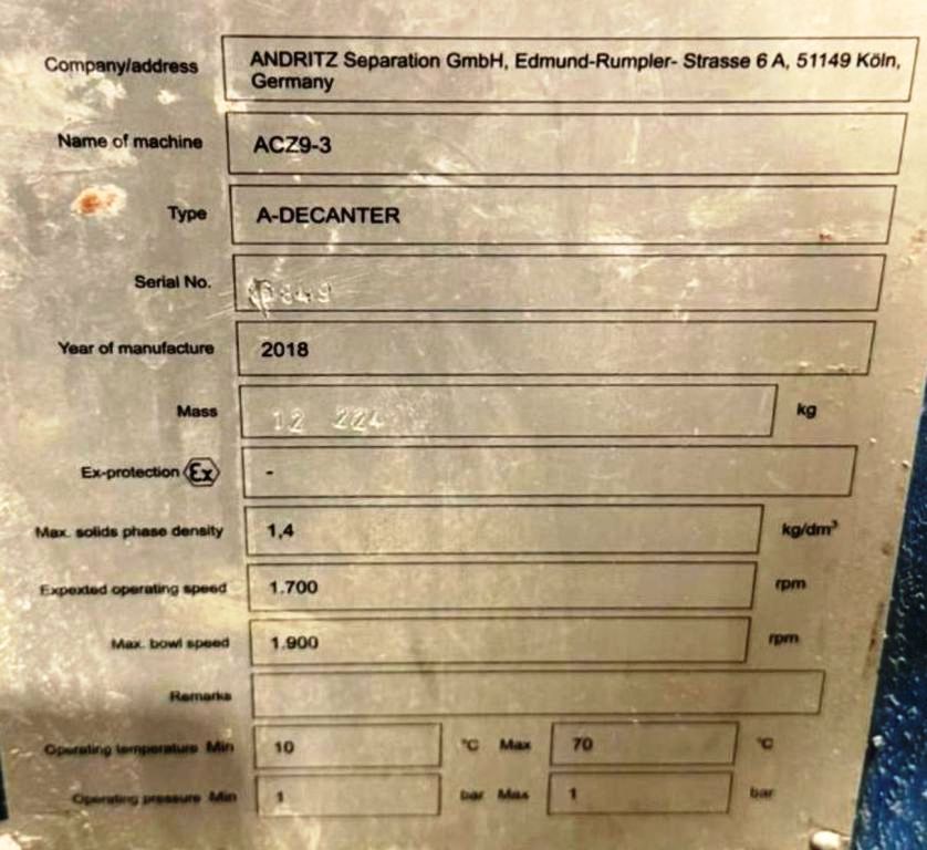 (3) Andritz CENSOR ACZ 9-3 plastic recycling decanter centrifuges, 316L SS.