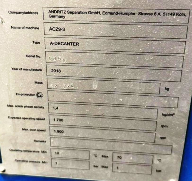 (3) Andritz CENSOR ACZ 9-3 plastic recycling decanter centrifuges, 316L SS.