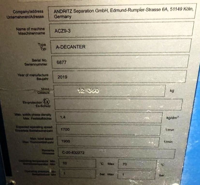(3) Andritz CENSOR ACZ 9-3 plastic recycling decanter centrifuges, 316L SS.