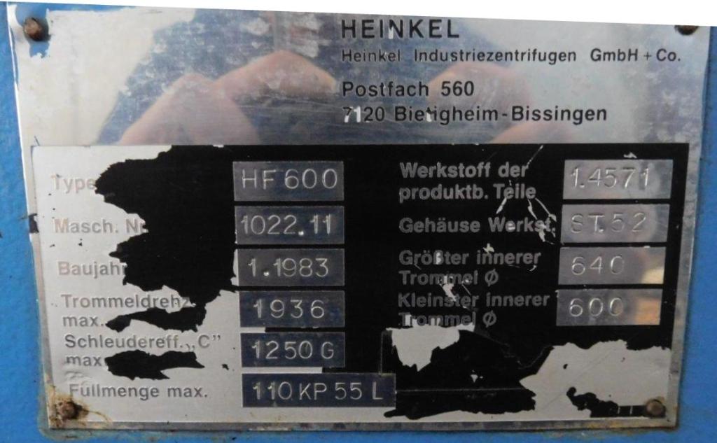 (2) Heinkel HF 600 Inverting Filter centrifuges, 316SS.