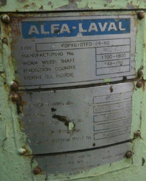 (2) Alfa-Laval FOPX 610 TGD-24G-60 oil purifiers, 316SS.