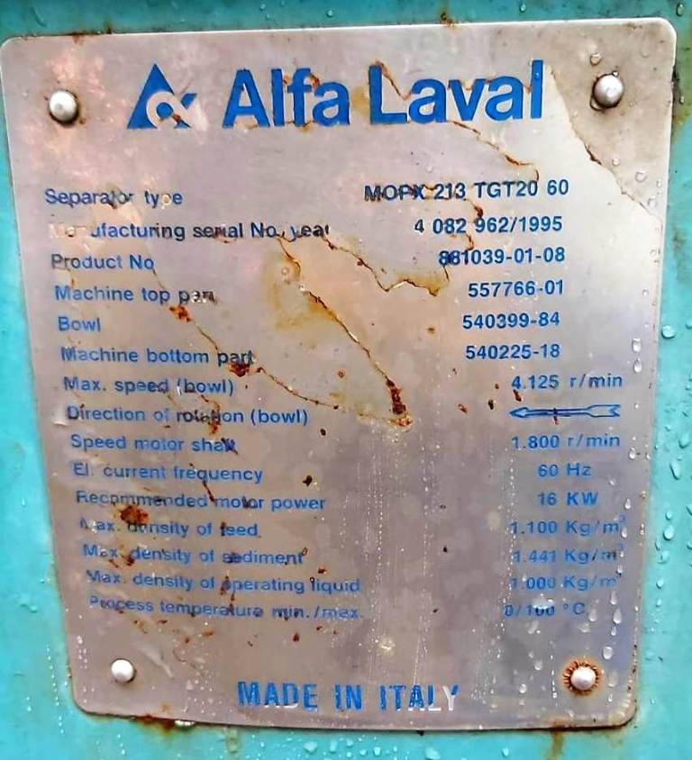 (2) Alfa-Laval MOPX 213 TGT-20-60 oil purifiers, 316SS.