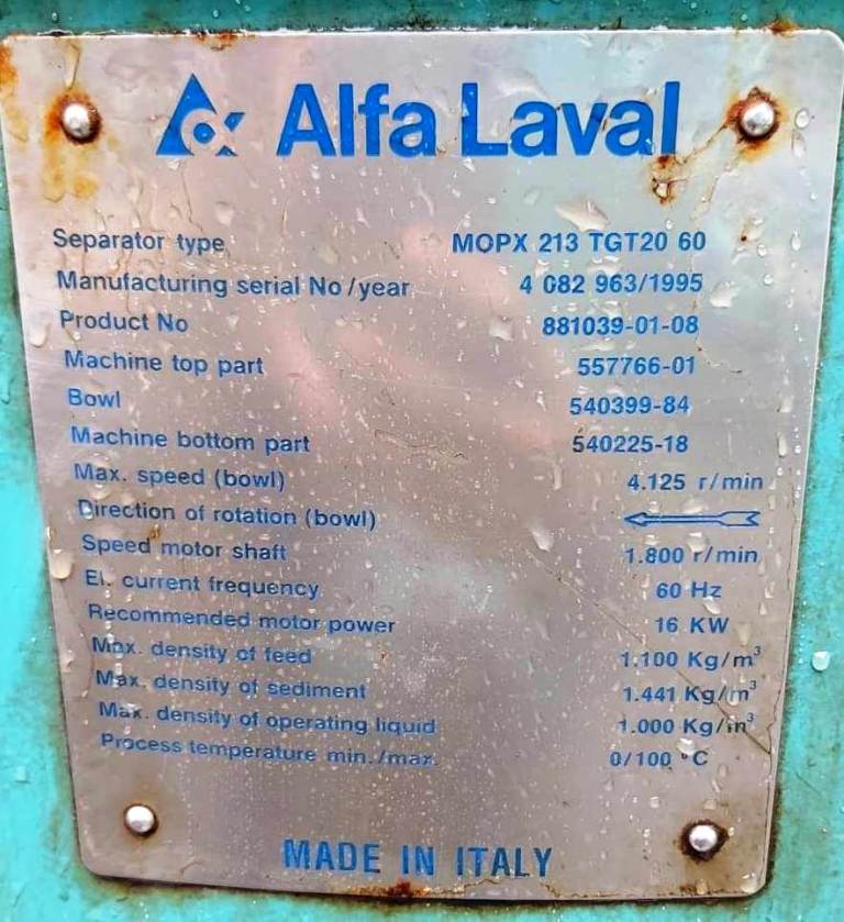 (2) Alfa-Laval MOPX 213 TGT-20-60 oil purifiers, 316SS.