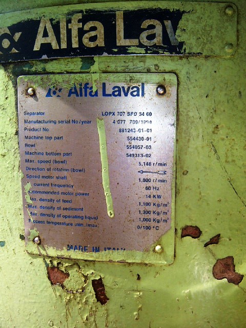 Alfa-Laval LOPX 707 SFD-34-60 clarifier, SS.          