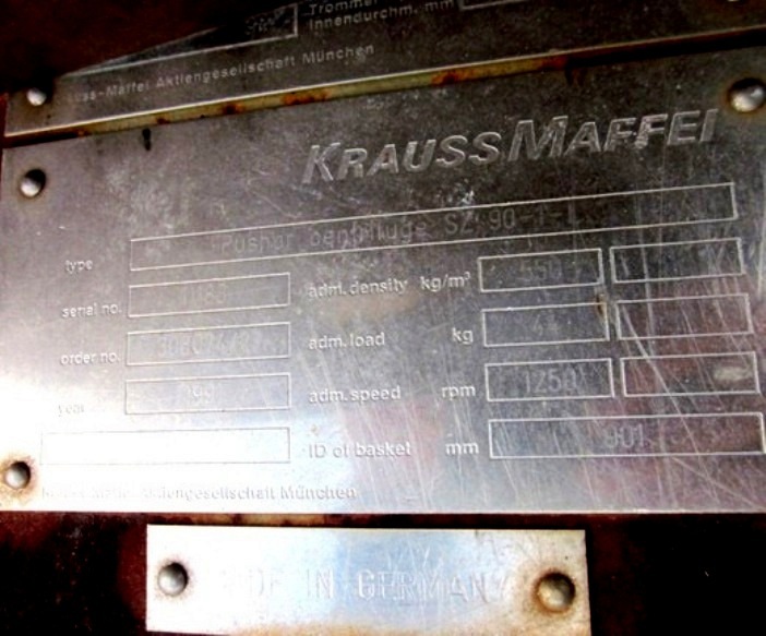 (3) Krauss-Maffei SZ 90-1-L pusher centrifuges, 316SS.