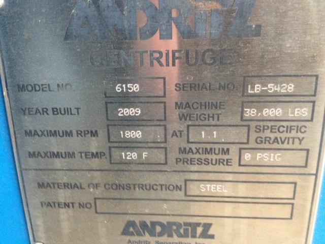 Andritz 6150 solid bowl decanter centrifuge, CS.