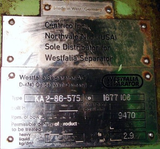 Westfalia KA 2-86-575 chamber bowl centrifuge, 316SS.