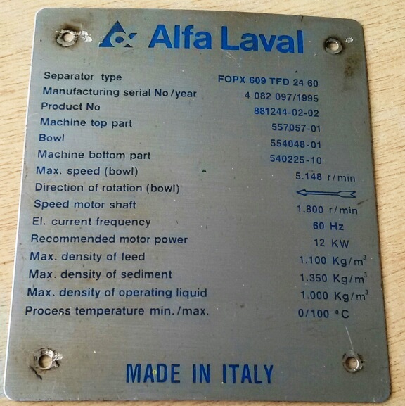 (2) Alfa-Laval FOPX 609 TFD-24-60 oil purifiers, SS.