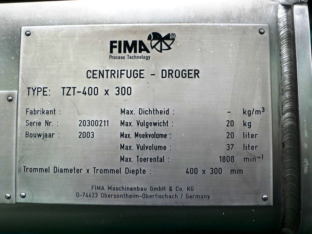 FIMA TZT 400 Inverting Filter centrifuges, Hastelloy.      