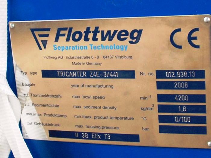 Flottweg Z4E-3/441 tricanter centrifuge, 316SS.