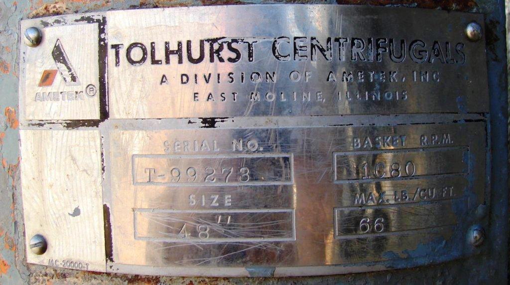 Tolhurst 48 x 30 solid bowl basket centrifuge, 316SS.      