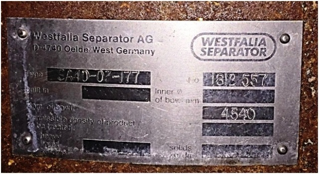 Westfalia SA 40-03-177 separator, 316SS.