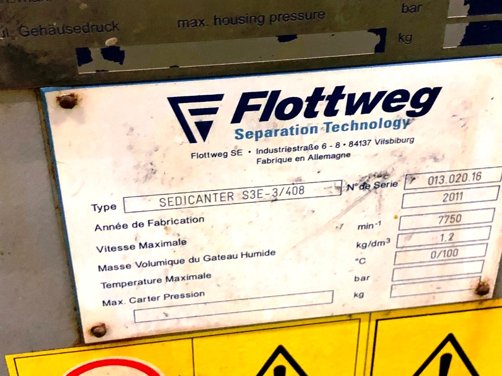 Flottweg S3E-3/408 sedicanter centrifuge, 316SS.
