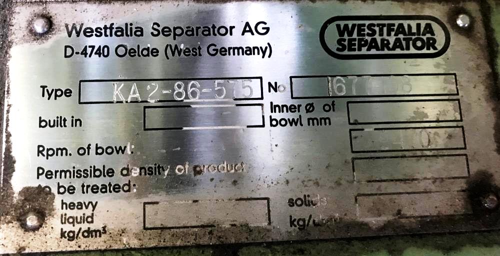 Westfalia KA 6-86-575 chamber bowl centrifuge, 316SS.