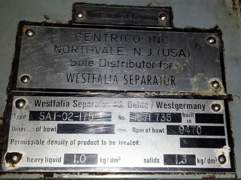 Westfalia SA 1-02-175 separator, 316 SS.