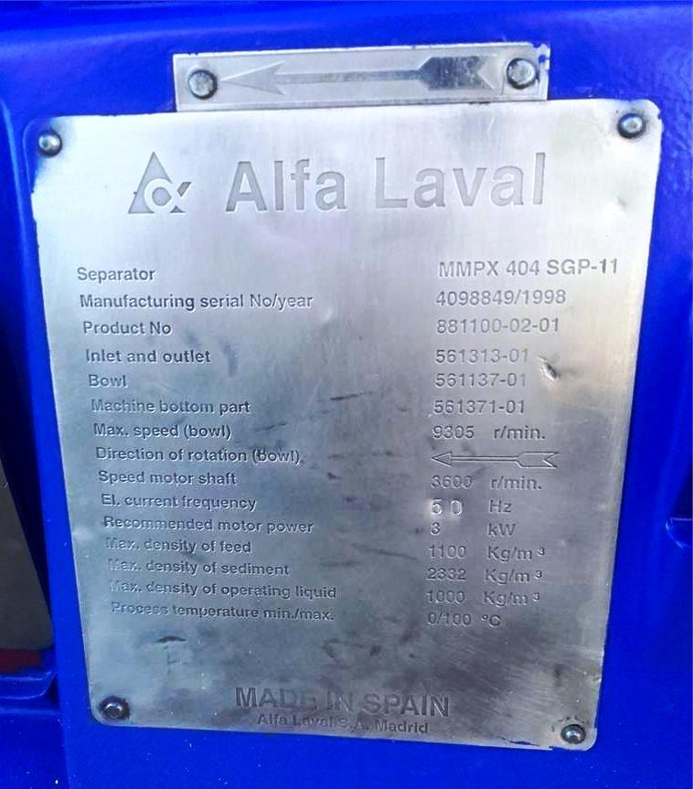 Alfa-Laval MMPX 404 SGP-11 oil purifier, 316SS.