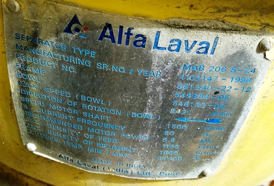 Alfa-Laval MAB 206S-24 oil purifier, SS.