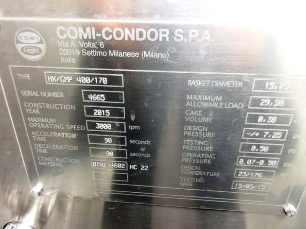 Comi-Condor HX/GMP 400/170 peeler centrifuge, Hastelloy C22