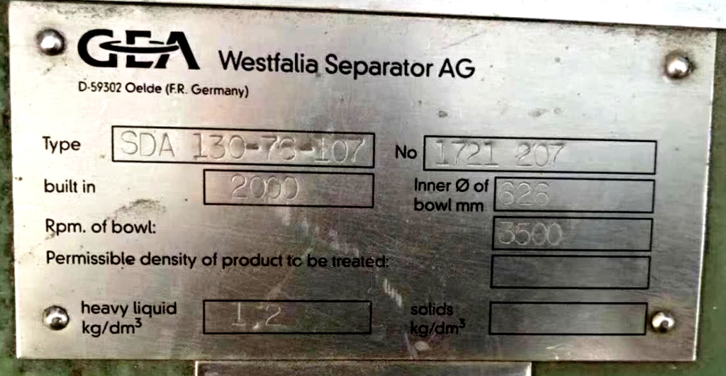(2) Westfalia SDA 130-76-107 nozzle centrifuges, 316SS.