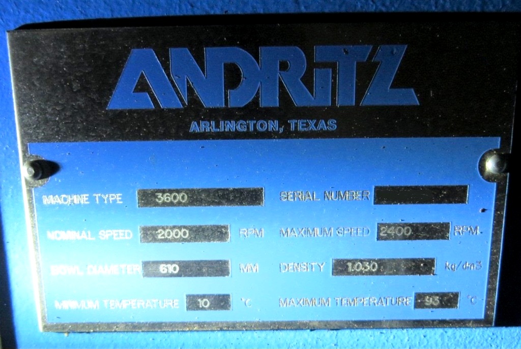 (2) Andritz 3600 (24 x 60) decanter centrifuges, 316SS.